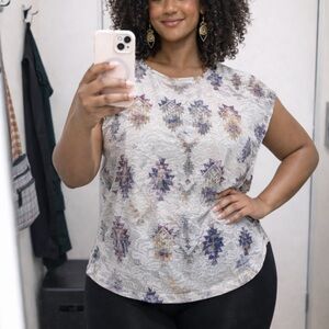 Sheer Boho Lace Aztec Print Sz M white built in tank kimono sleeve